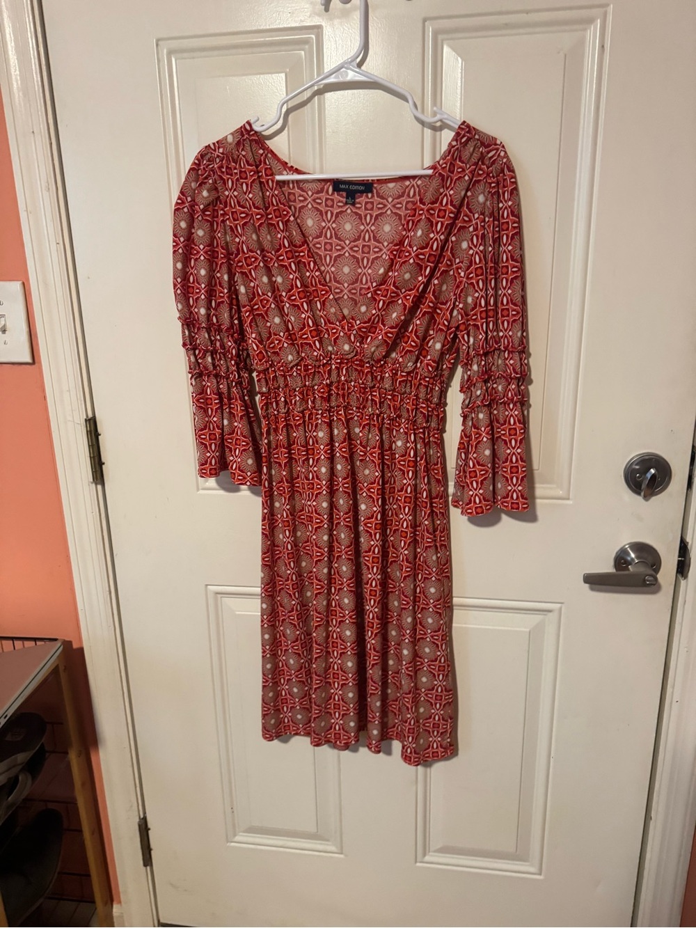 Burnt orange and red geometric Smocked Waist Dress
